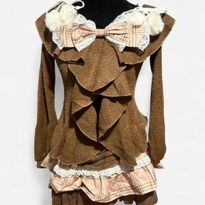 Brown and Pink Ruffle Layered Top and Skirt Set With a Detachable Bow